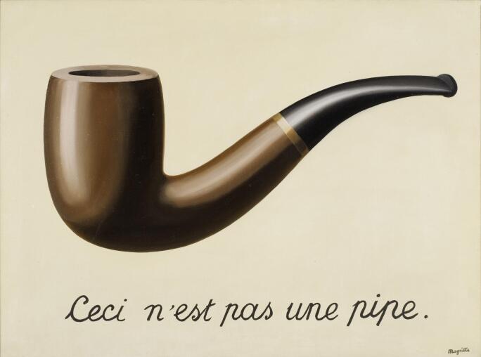 A painting of a pipe on a canvas with the words "This is not a pipe" written below.