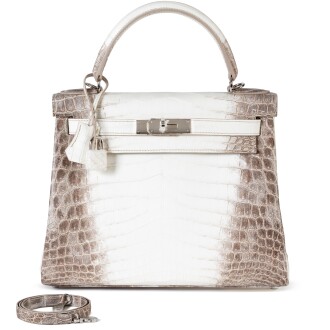 View 1 of Lot 414: Blanc Matte Niloticus Crocodile Himalaya Kelly 28 Retourné Palladium Hardware, 2021