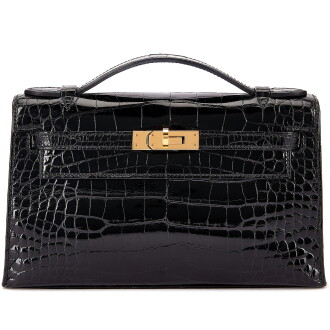 View 1 of Lot 948: Black Shiny Mississippiensis Alligator Kelly Pochette Gold Hardware, 2021