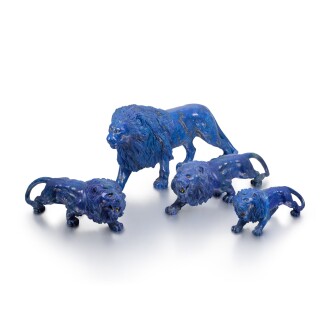 View 1 of Lot 95: Five jewelled carved hardstone figures of prowling lions, late 20th century 