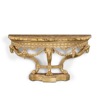 View 1 of Lot 28: A George III Carved and Giltwood and Gilt Gesso Console Table designed by Robert Adam and made by William France and John Bradburn, 1765