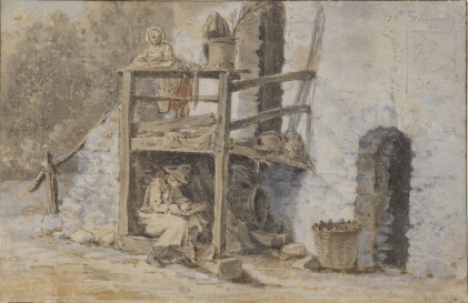 Catalog image of An artist sketching under the porch of a rural stone building