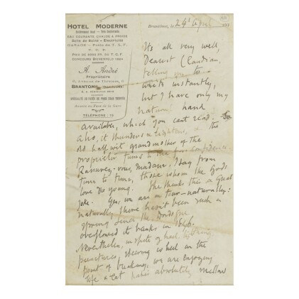  AUTOGRAPH LETTER SIGNED ("V"), TO HER NEPHEW QUENTIN CLAUDIAN STEPHEN BELL