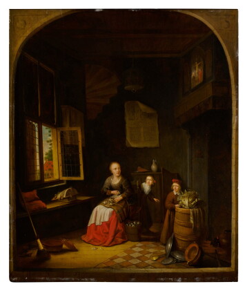 Catalog image of Interior of a kitchen with a seated woman peeling onions, a child hiding behind…