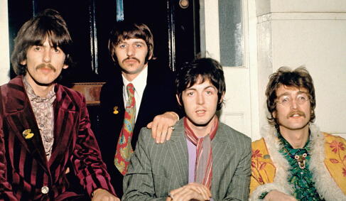 Publicity photo of The Beatles (George Harrison, Ringo Starr, Paul McCartney and John Lennon) at Abbey Road Studios
