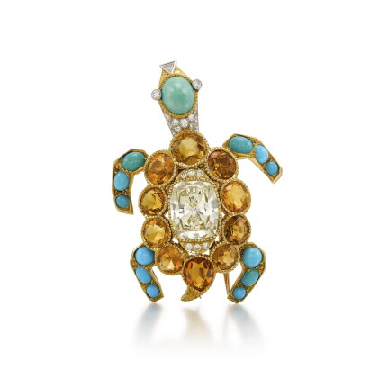 Catalog image of Citrine, Turquoise and Diamond Turtle Brooch