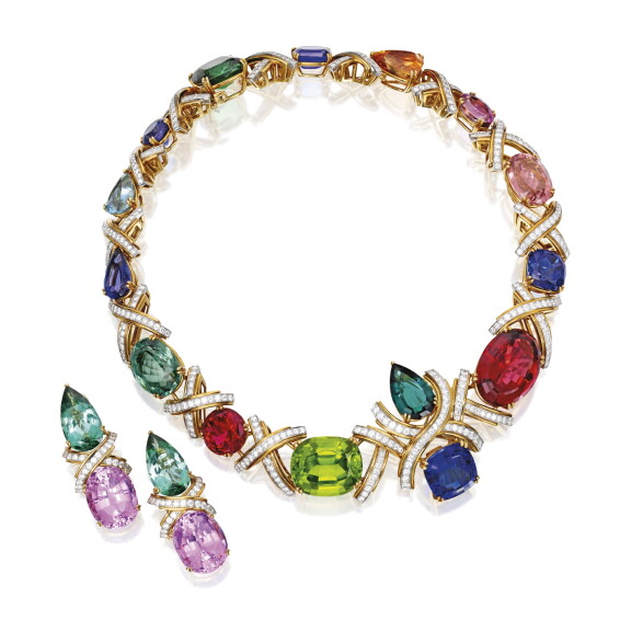 18 Karat Gold, Platinum, Colored Stone and Diamond Necklace and