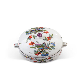 View 1 of Lot 574: A Meissen porcelain 'Schmetterlings'-pattern two-handled oval butter box and cover, circa 1735