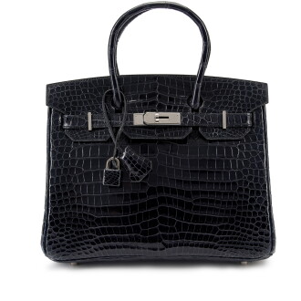 View 1 of Lot 7864: Black Shiny Porosus Crocodile Birkin 30 Palladium Hardware, 2010 