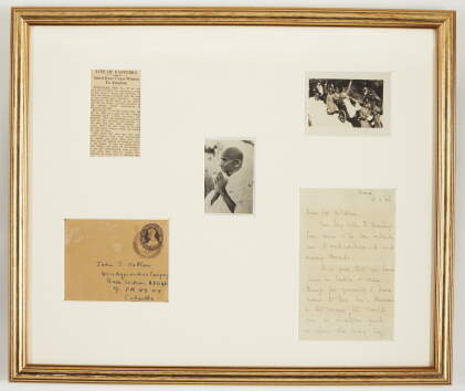 Catalog image of gandhi, signed photograph and other items, framed