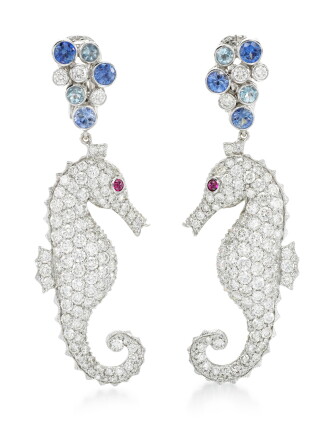 Catalog image of michele della valle | pair of gem set and diamond ear clips, 'cavallucci marini'