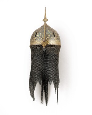 View 1 of Lot 138: A gold-overlaid steel helmet (kuhla khud), Qajar, Persia, late 18th/19th century