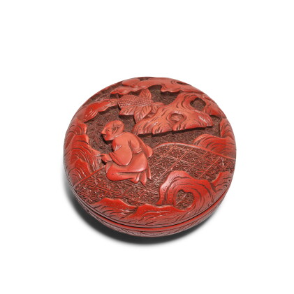 a carved cinnabar lacquer 'figural' paste box and cover, qing dynasty, 17th / 18th century