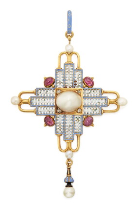 Catalog image of carlo giuliano | gold, pearl, ruby, enamel and diamond pendant