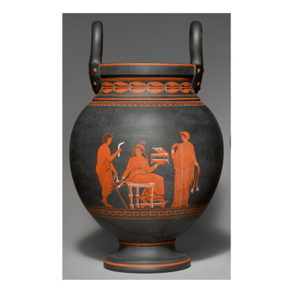 Catalog image of a wedgwood black basalt 'encaustic'-decorated two-handled vase, cover and pierc…