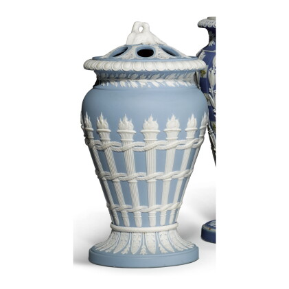 Catalog image of a wedgwood blue and white jasperware vase and pierced cover circa 1800