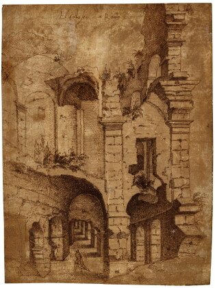 Catalog image of a man walking inside the ruins of the colosseum
