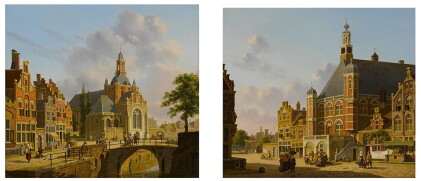 Catalog image of A Church along a Canal, Holland; A Busy Town Square, Holland