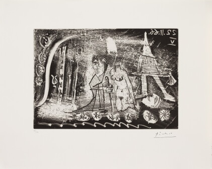 Catalog image of Au théâtre: femme décapitée par un bourreau, et vieillard (B. 1423; Ba. 1451)