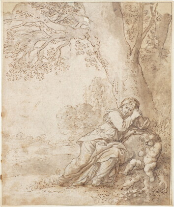 Catalog image of a lovesick young woman seated beneath a tree, contemplating cupid who sits beside her