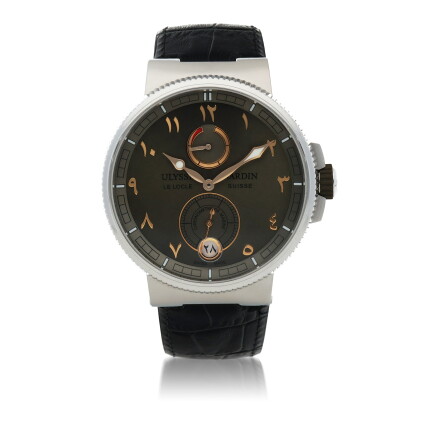 Catalog image of marine chronometer stainless steel wristwatch with date, power reserve indicati…