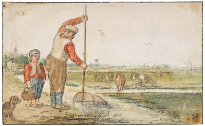 Catalog image of river landscape with a man and boy fishing, cows and a village behind