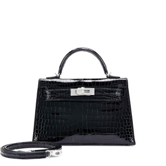 View 1 of Lot 5429: Black Shiny Porosus Crocodile Mini Kelly II 20 18K White Gold and Diamond Hardware, 2023