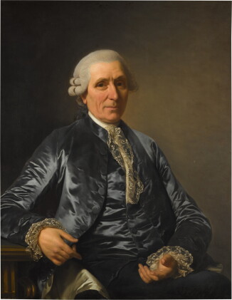 Catalog image of Portrait of a gentleman, three-quarter-length, wearing a blue silk suit, sittin…
