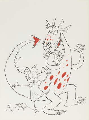 Catalog image of blake, girl with dragon, original ink drawing