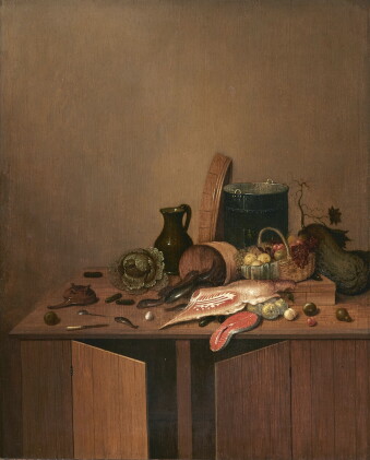 Catalog image of gerrit van vucht| kitchen still life with meat, fish, vegetables and fruit on a…