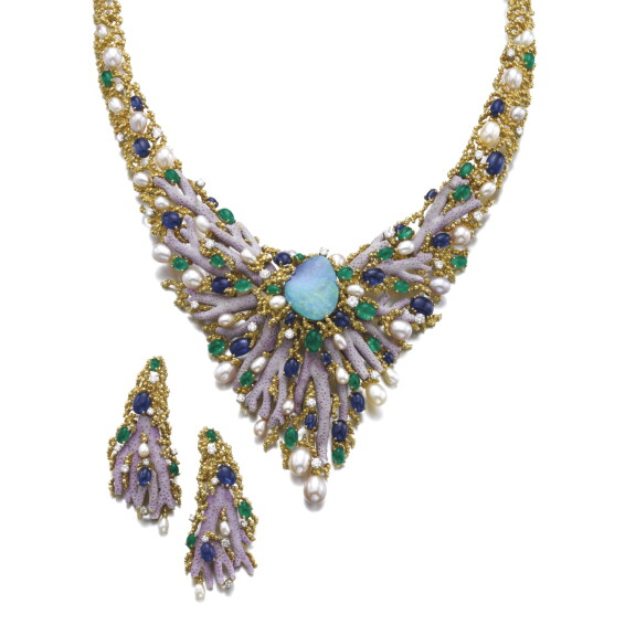 Coral and gem set demi-parure, 'Perlé', Gilbert Albert