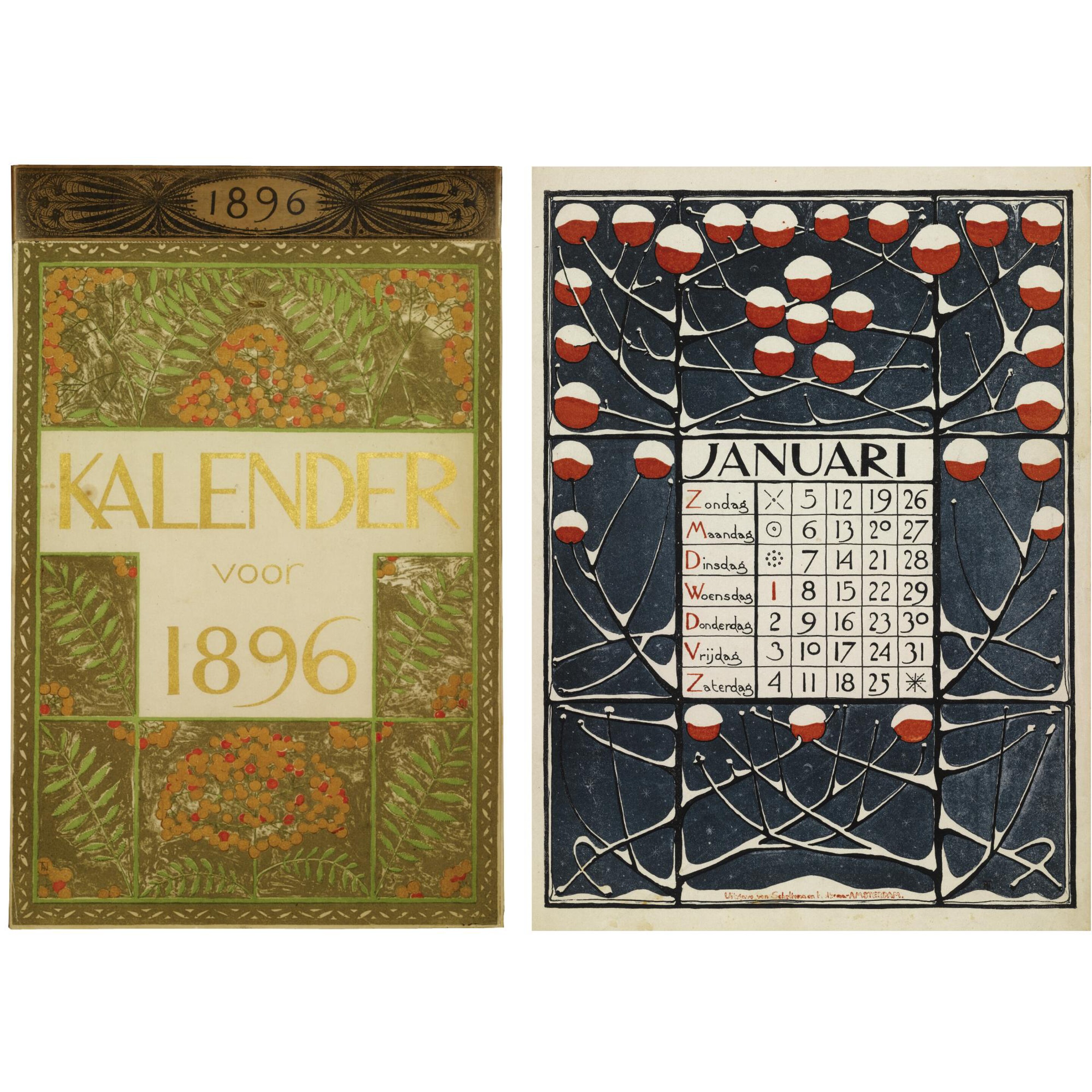 (#2) Kalender voor 1896, a rare coloured lithographed calendar designed