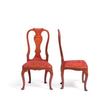 View 1 of Lot 659: A pair of Italian red-painted and parcel-gilt side chairs, circa 1750