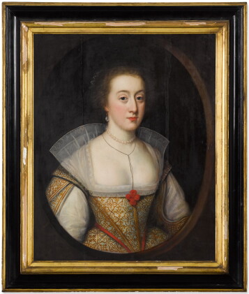 Catalog image of Portrait of a lady, half-length, wearing a white and gold embroidered dress, sa…