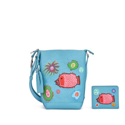 View 1 of Lot 3143: X Yayoi Kusama Set of Two Limited Edition Blue and Multicolor Calfskin Hobo Cruiser Silver Hardware and Wallet