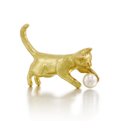 Catalog image of Gold and Cultured Pearl Cat Brooch