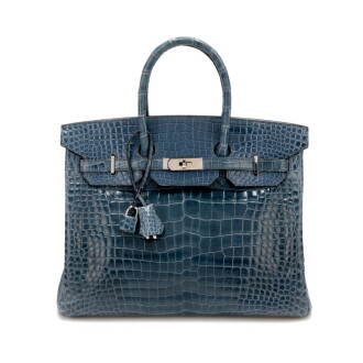 View 1 of Lot 28: Shiny Bleu Roi Crocodile Porosus Birkin 35 Palladium Hardware, 2008