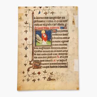 View 1 of Lot 77: Illuminated Manuscript—Four small miniatures on two leaves from a Book of Hours, in Latin with rubrics in French, (France, Brittany or Normandy(?), c.1420