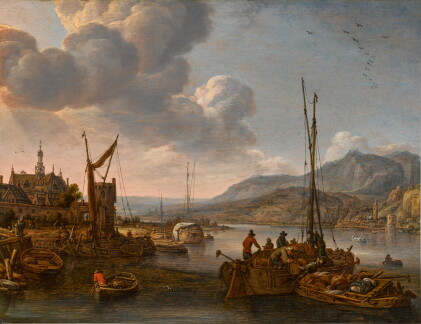 Catalog image of A river port in a mountainous Rhenish landscape with figures unloading boats