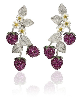 Catalog image of pair of gem set and diamond pendent ear clips, 'fragoline', michele della valle