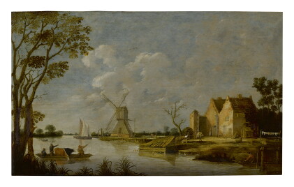 Catalog image of attributed to pieter de bloot | a riverlandscape with farmers and cattle on a b…