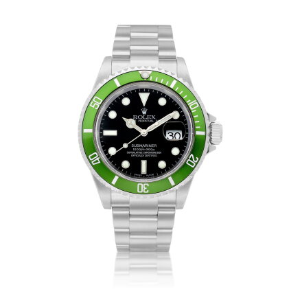 Catalog image of Submariner "Kermit Flat 4", Reference 16610LV | A stainless steel wristwatch wi…