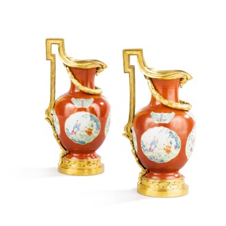 View 1 of Lot 443: A pair of Louis XVI gilt-bronze mounted Chinese porcelaine ewers, 18th century