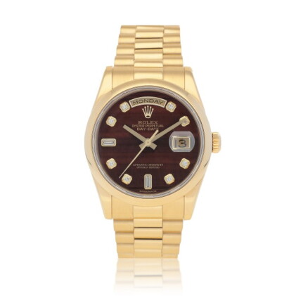 Catalog image of Day-Date, Ref. 118208 Yellow gold, diamond-set wristwatch with Bull's eye dial,…