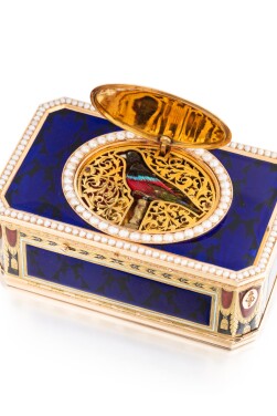 View 1 of Lot 1170: A pearl-set gold and enamel singing bird box, Jaquet-Droz & Leschot, Geneva, circa 1805