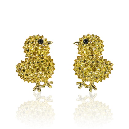 Catalog image of pair of yellow sapphire and onyx ear clips, 'chicks', michele della valle