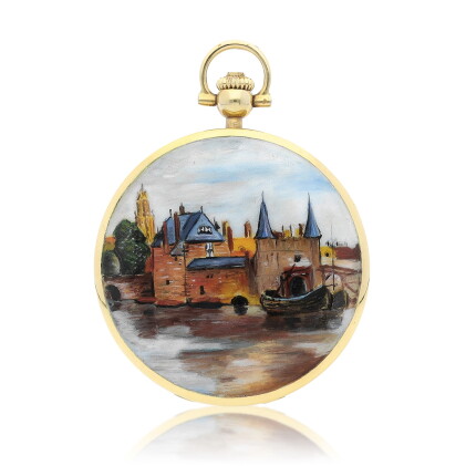 Catalog image of A yellow gold hunting case watch with double sided enamel miniature painting, C…