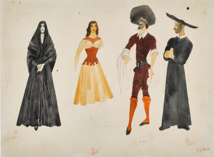 View 1 of Lot 23: Costume Designs for the Housekeeper, Dulcinea, The Barber and the Priest, 'Don Quixote'