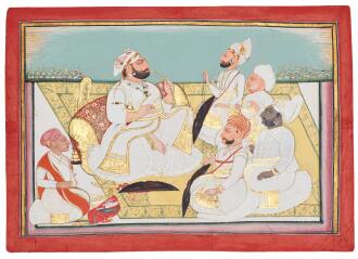 View 1 of Lot 180: Rawat Gokul Das seated with noblemen, attributed to Bagta, India, Rajasthan, Devgarh, dated VS 1863/1806 AD