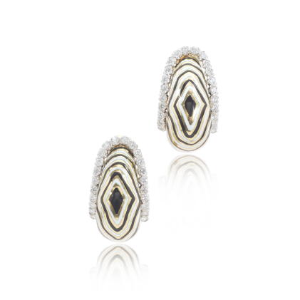 Catalog image of Pair of enamel and diamond ear clips, 'Vreeland Zebra'